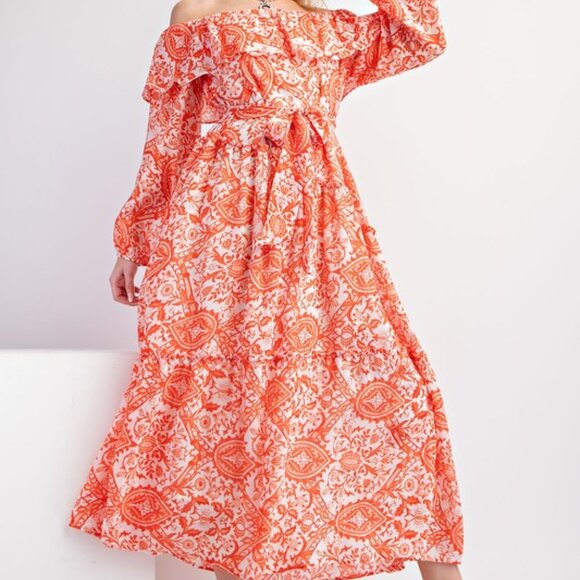 Easel Sunset Orange Printed Off-Shoulder Maxi Dress NWT L - Picture 2 of 10